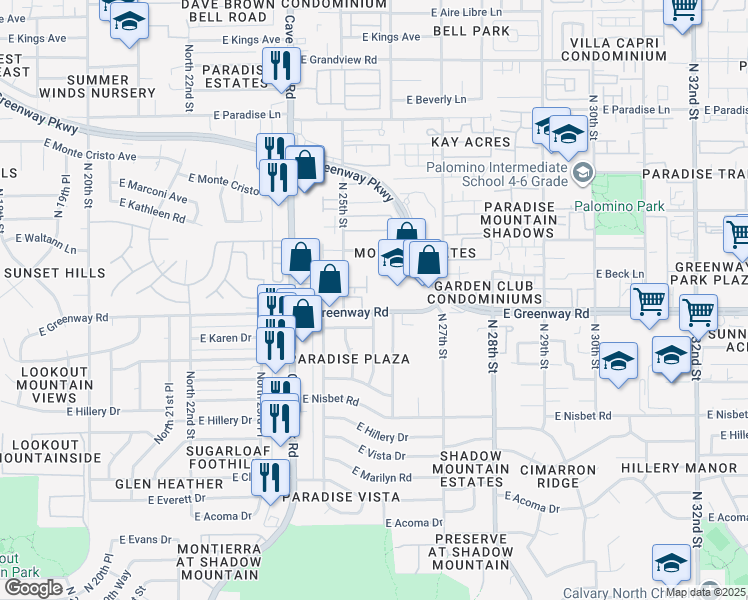 map of restaurants, bars, coffee shops, grocery stores, and more near 2534 East Greenway Road in Phoenix