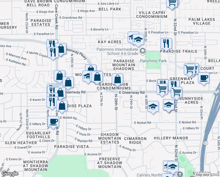 map of restaurants, bars, coffee shops, grocery stores, and more near 2725 East Beck Lane in Phoenix