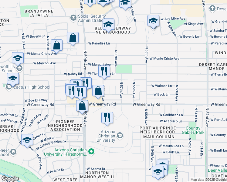 map of restaurants, bars, coffee shops, grocery stores, and more near 15617 North 57th Lane in Glendale