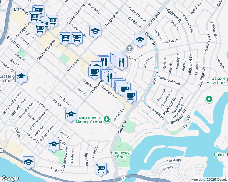 map of restaurants, bars, coffee shops, grocery stores, and more near 1901 Westcliff Drive in Newport Beach