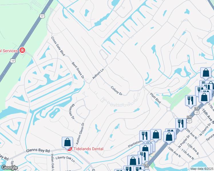 map of restaurants, bars, coffee shops, grocery stores, and more near 1881 Colony Drive in Myrtle Beach