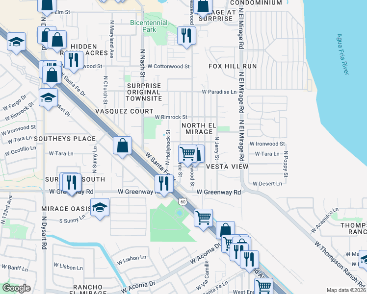 map of restaurants, bars, coffee shops, grocery stores, and more near 15640 North Verde Street in Surprise