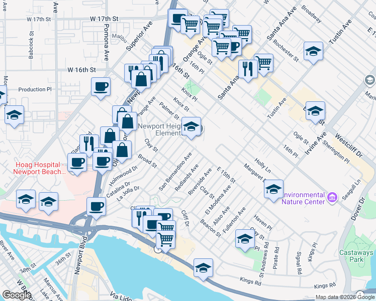 map of restaurants, bars, coffee shops, grocery stores, and more near 539 San Bernardino Avenue in Newport Beach