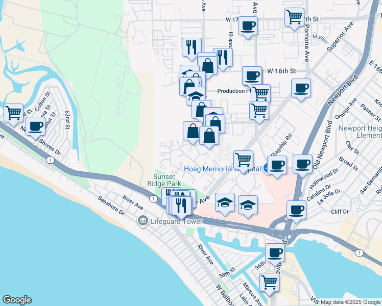 map of restaurants, bars, coffee shops, grocery stores, and more near 18 Robon Court in Newport Beach