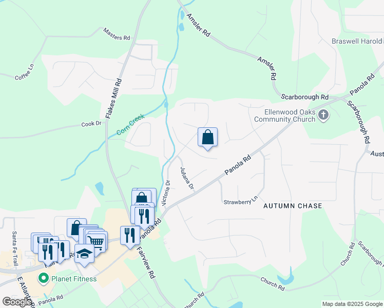 map of restaurants, bars, coffee shops, grocery stores, and more near 135 Wilhelmina Drive in Ellenwood