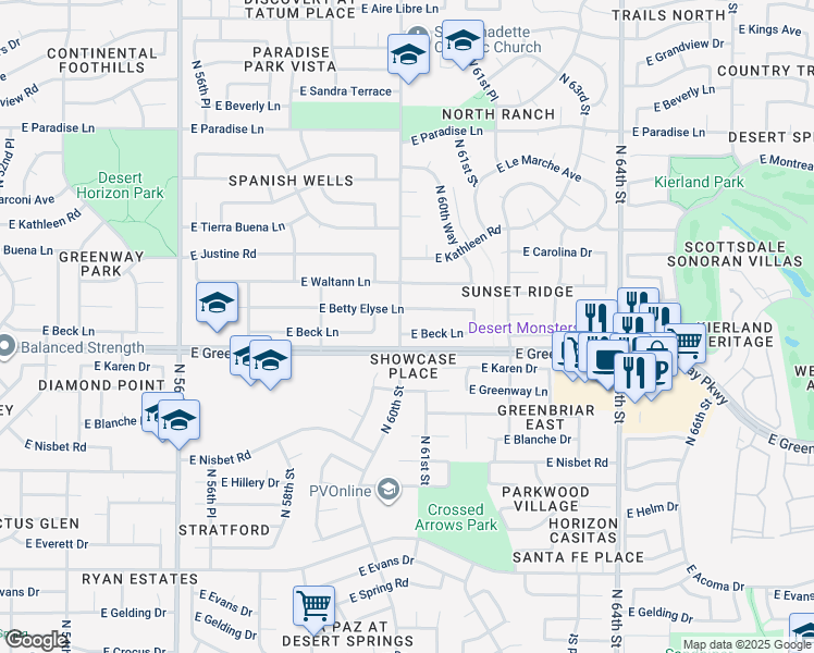 map of restaurants, bars, coffee shops, grocery stores, and more near 6017 East Betty Elyse Lane in Scottsdale