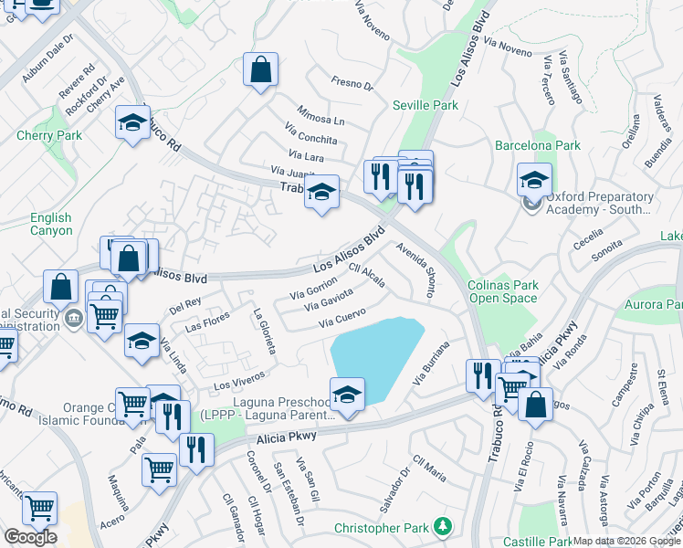 map of restaurants, bars, coffee shops, grocery stores, and more near 26521 Vía Gorrion in Mission Viejo