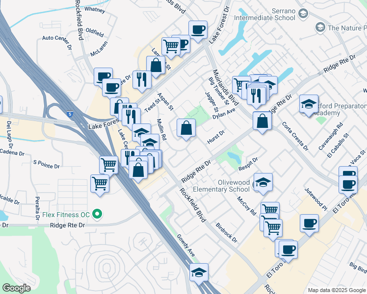 map of restaurants, bars, coffee shops, grocery stores, and more near 23981 Crescent Road in Lake Forest
