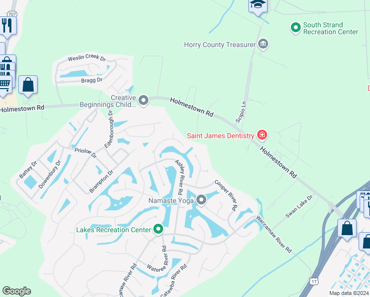 map of restaurants, bars, coffee shops, grocery stores, and more near 417 Reedy River Road in Myrtle Beach