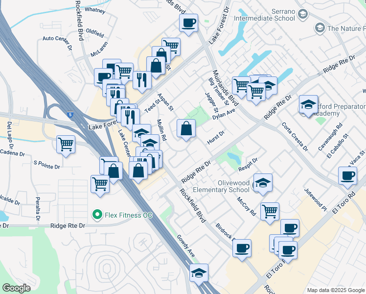 map of restaurants, bars, coffee shops, grocery stores, and more near 23981 Crescent Road in Lake Forest