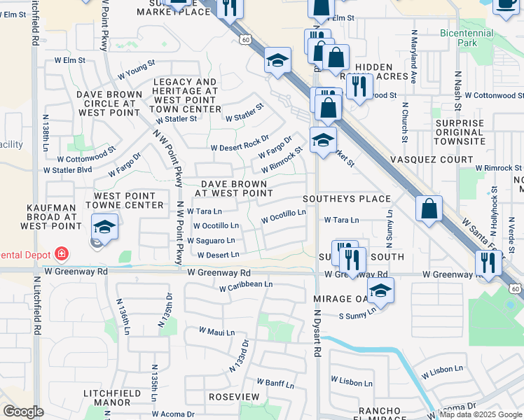 map of restaurants, bars, coffee shops, grocery stores, and more near 13255 West Tara Lane in Surprise