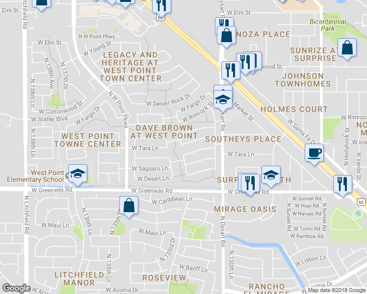 map of restaurants, bars, coffee shops, grocery stores, and more near 13255 West Tara Lane in Surprise