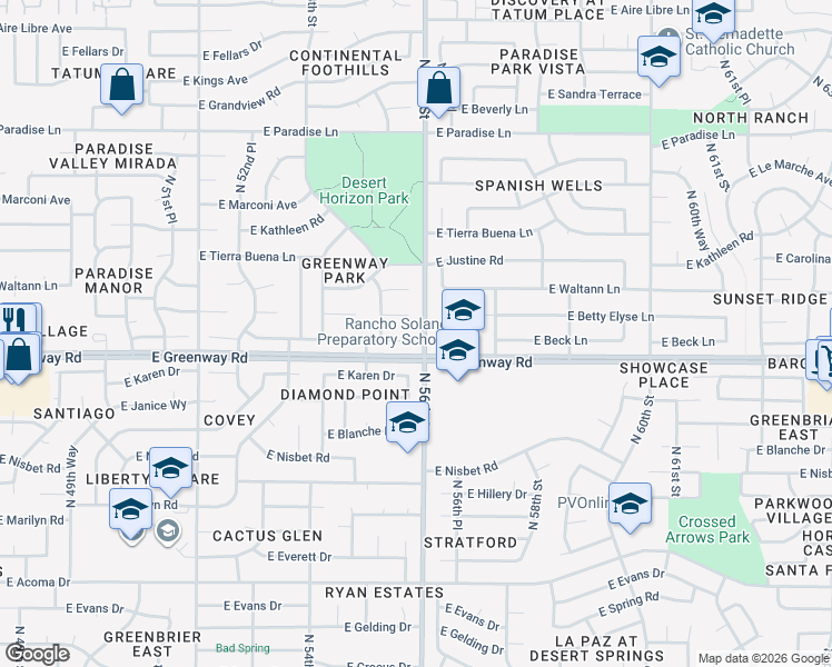 map of restaurants, bars, coffee shops, grocery stores, and more near 5656 East Greenway Road in Scottsdale