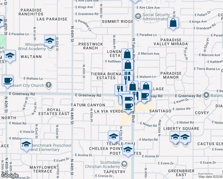 map of restaurants, bars, coffee shops, grocery stores, and more near 4623 East Beck Lane in Phoenix