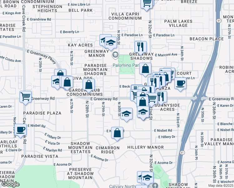 map of restaurants, bars, coffee shops, grocery stores, and more near 2950 East Greenway Road in Phoenix
