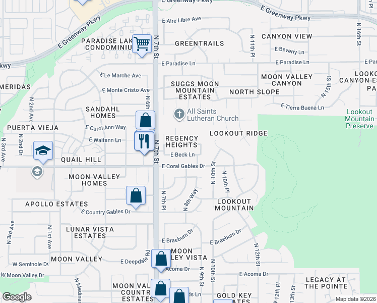 map of restaurants, bars, coffee shops, grocery stores, and more near 925 East Waltann Lane in Phoenix