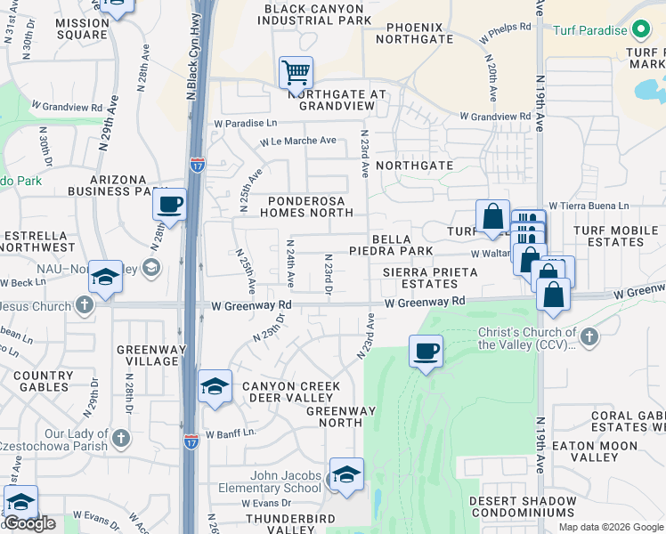 map of restaurants, bars, coffee shops, grocery stores, and more near 15446 North 23rd Drive in Phoenix