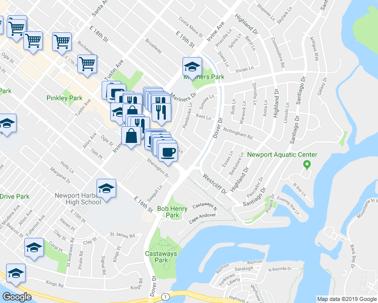 map of restaurants, bars, coffee shops, grocery stores, and more near 1616 Bedford Lane in Newport Beach