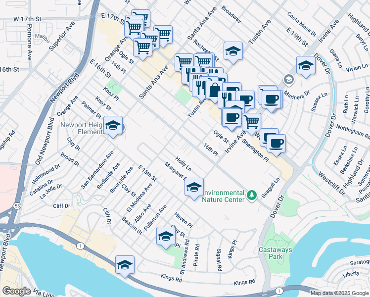 map of restaurants, bars, coffee shops, grocery stores, and more near 2411 East 16th Street in Newport Beach