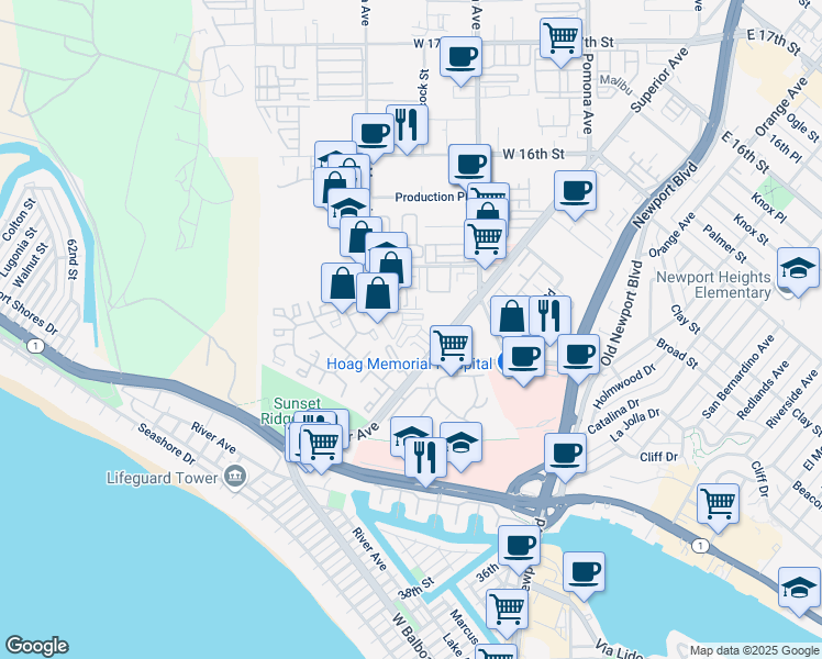 map of restaurants, bars, coffee shops, grocery stores, and more near 1433 Superior Avenue in Newport Beach