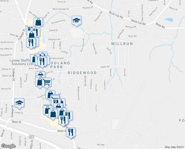 map of restaurants, bars, coffee shops, grocery stores, and more near 1329 Watts Road in Forest Park