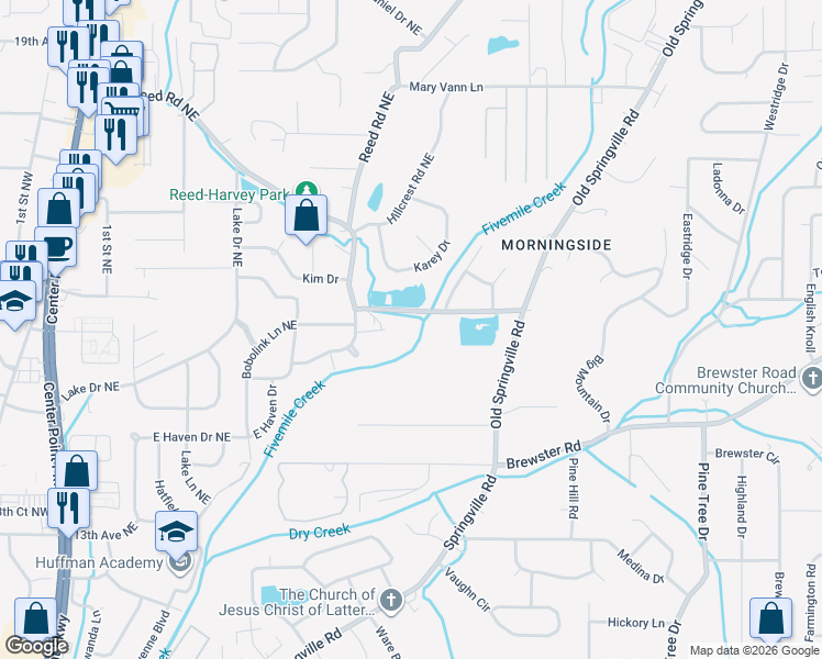map of restaurants, bars, coffee shops, grocery stores, and more near 525 Polly Reed Road Northeast in Center Point
