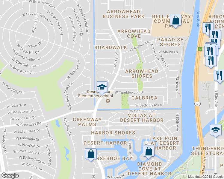 map of restaurants, bars, coffee shops, grocery stores, and more near 15708 North 90th Avenue in Peoria
