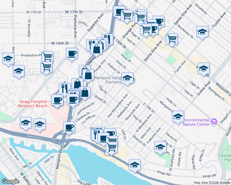 map of restaurants, bars, coffee shops, grocery stores, and more near 519 Santa Ana Avenue in Newport Beach