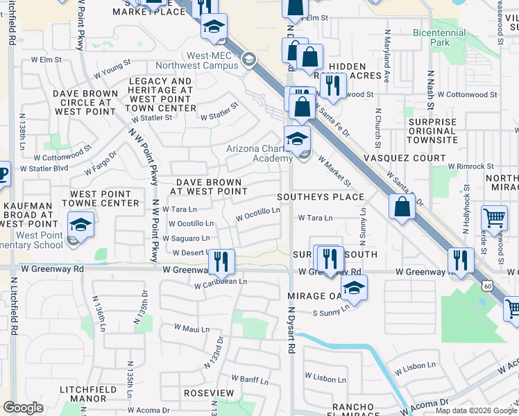 map of restaurants, bars, coffee shops, grocery stores, and more near 13188 West Ocotillo Lane in Surprise
