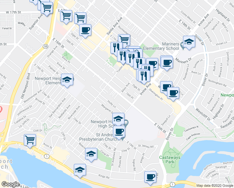 map of restaurants, bars, coffee shops, grocery stores, and more near 2411 East 16th Street in Newport Beach