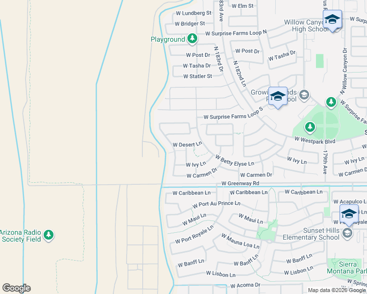 map of restaurants, bars, coffee shops, grocery stores, and more near 18465 West Desert Lane in Surprise