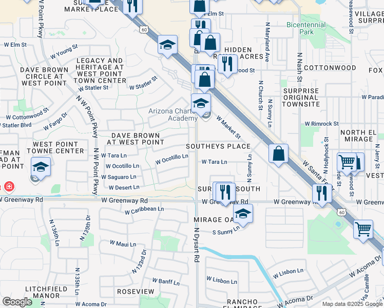 map of restaurants, bars, coffee shops, grocery stores, and more near 15753 North Gil Balcome in Surprise