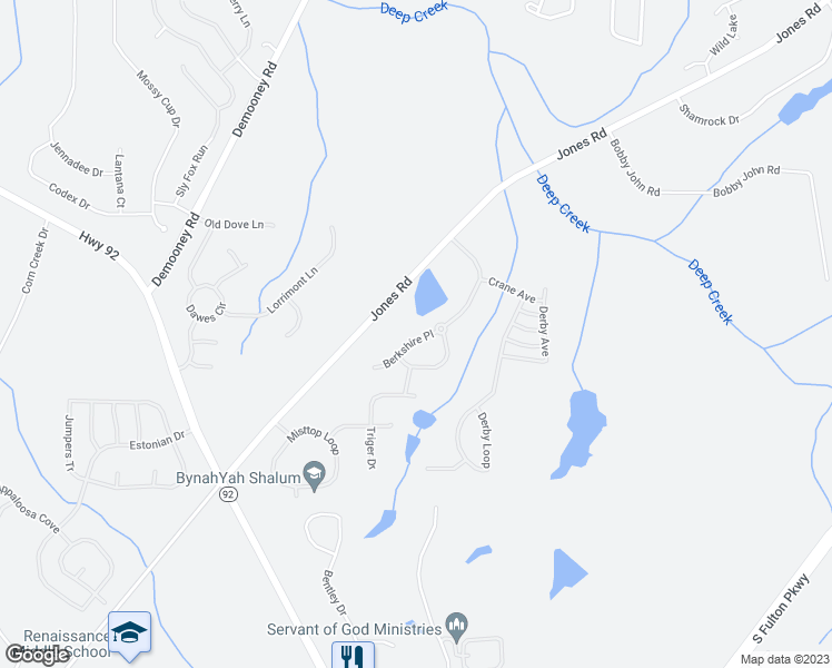map of restaurants, bars, coffee shops, grocery stores, and more near 419 Berkshire Place in Fairburn