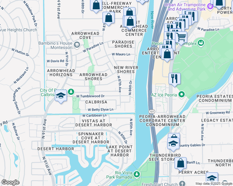 map of restaurants, bars, coffee shops, grocery stores, and more near 8719 West Tierra Buena Lane in Peoria