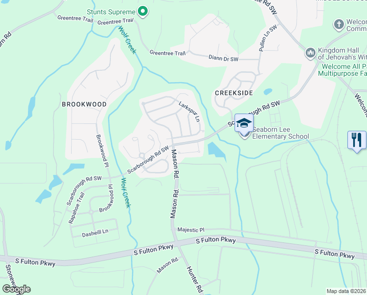 map of restaurants, bars, coffee shops, grocery stores, and more near 4750 Scarborough Road Southwest in Atlanta