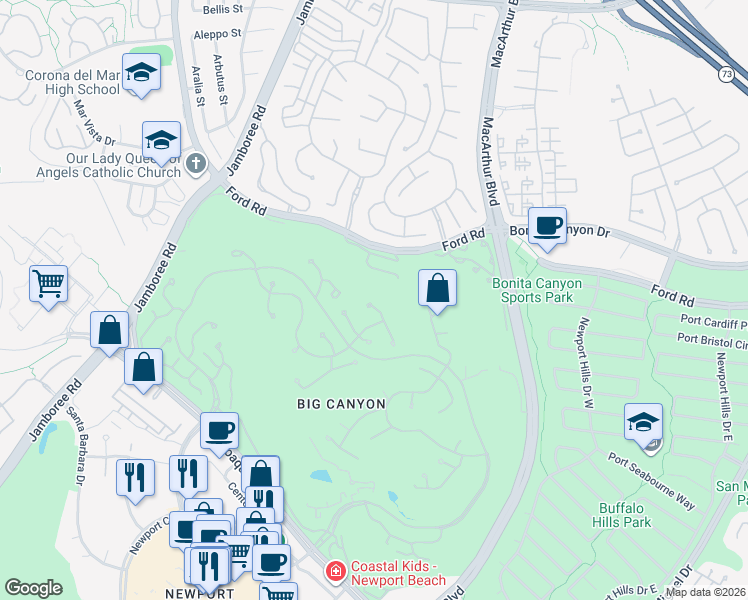 map of restaurants, bars, coffee shops, grocery stores, and more near 20 Cherry Hills Lane in Newport Beach