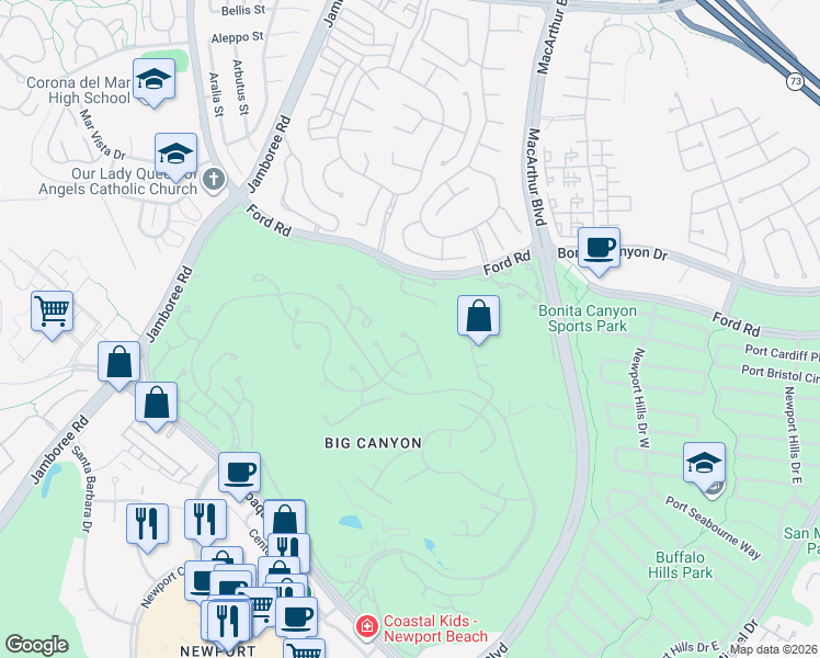 map of restaurants, bars, coffee shops, grocery stores, and more near 20 Cherry Hills Lane in Newport Beach