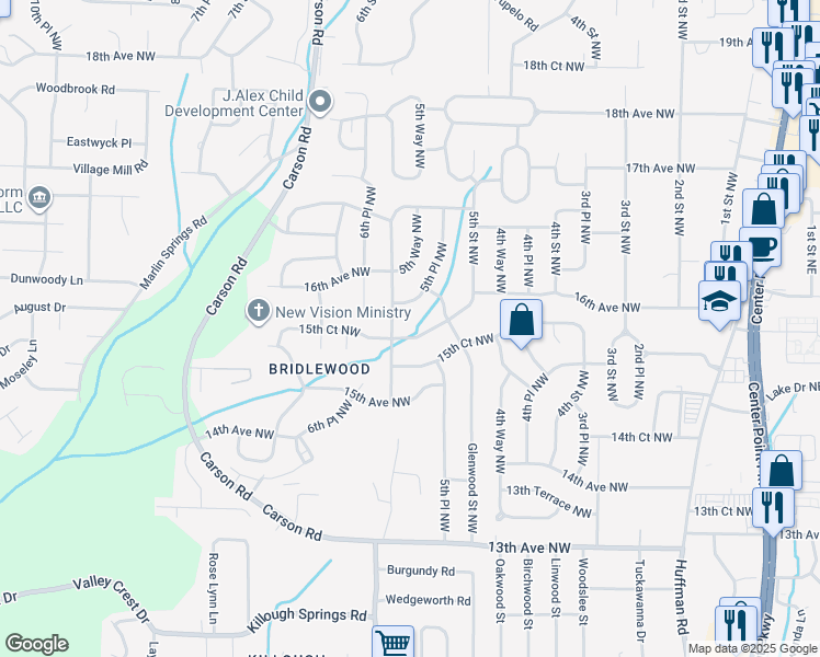 map of restaurants, bars, coffee shops, grocery stores, and more near 540 16th Avenue Northwest in Center Point