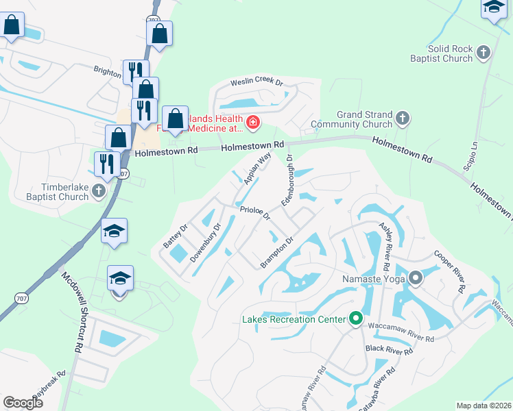 map of restaurants, bars, coffee shops, grocery stores, and more near 3340 Prioloe Drive in Myrtle Beach