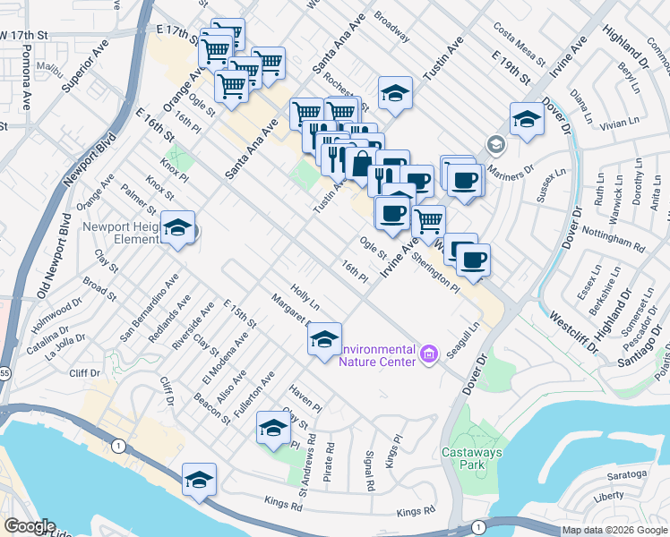 map of restaurants, bars, coffee shops, grocery stores, and more near 1600 Aliso Avenue in Costa Mesa