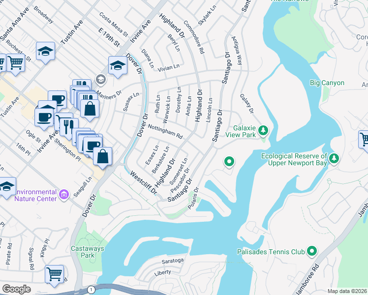 map of restaurants, bars, coffee shops, grocery stores, and more near 1102 Cambridge Lane in Newport Beach