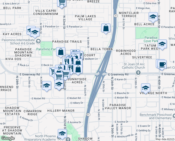 map of restaurants, bars, coffee shops, grocery stores, and more near 3342 East Greenway Road in Phoenix
