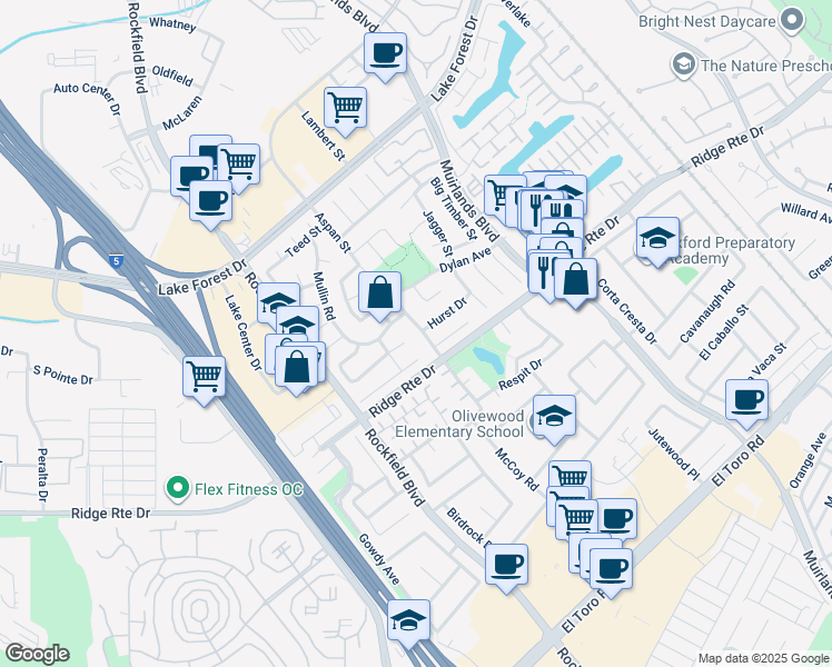 map of restaurants, bars, coffee shops, grocery stores, and more near 24092 Hurst Drive in Lake Forest