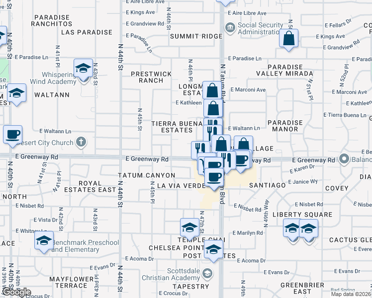 map of restaurants, bars, coffee shops, grocery stores, and more near 4623 East Beck Lane in Phoenix