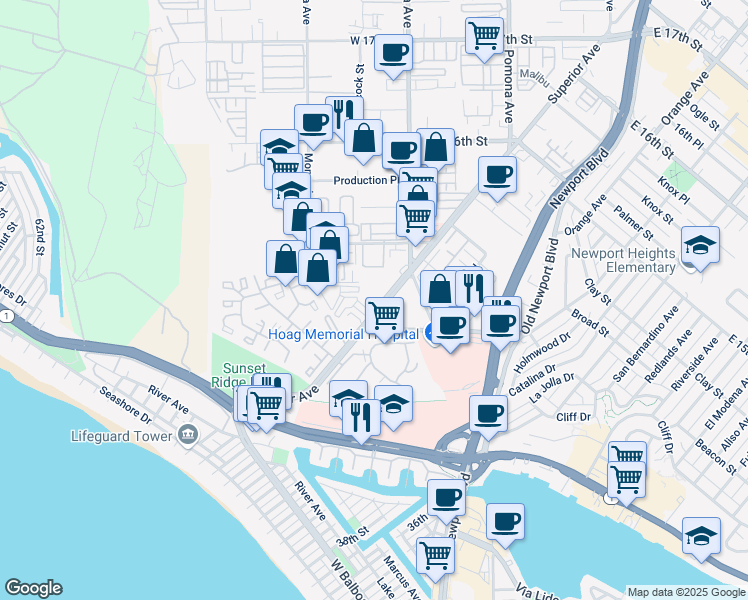 map of restaurants, bars, coffee shops, grocery stores, and more near 1445 Superior Avenue in Newport Beach
