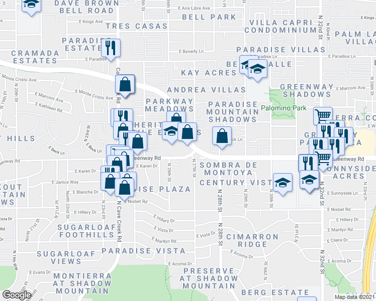 map of restaurants, bars, coffee shops, grocery stores, and more near 101 East Greenway Parkway in Phoenix