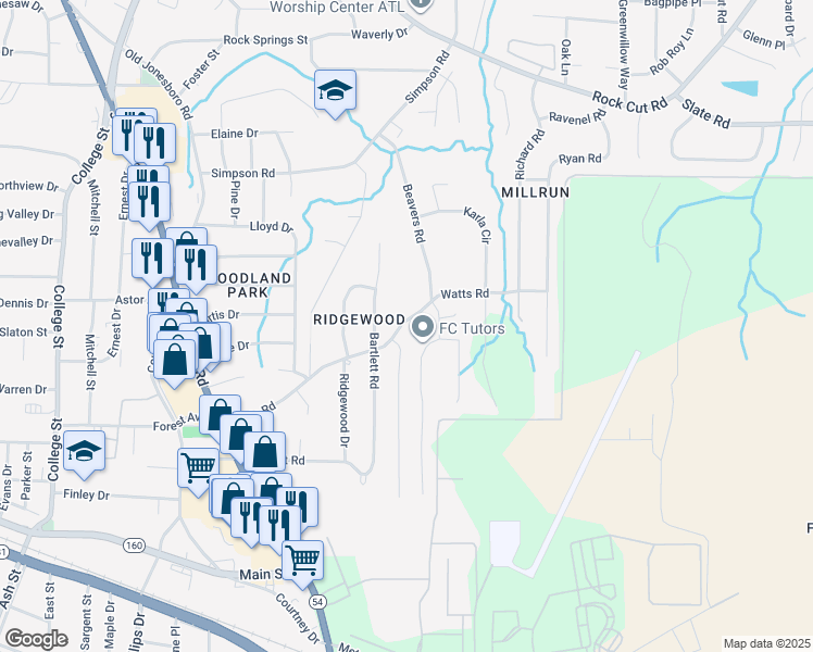 map of restaurants, bars, coffee shops, grocery stores, and more near 1329 Watts Road in Forest Park