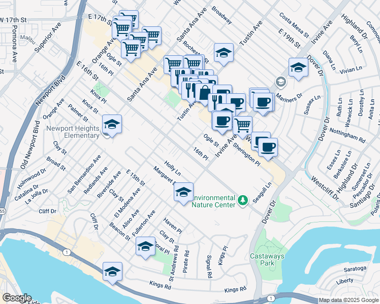 map of restaurants, bars, coffee shops, grocery stores, and more near 1600 Aliso Avenue in Costa Mesa