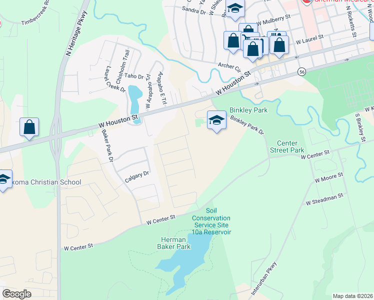 map of restaurants, bars, coffee shops, grocery stores, and more near 2310 West Houston Street in Sherman