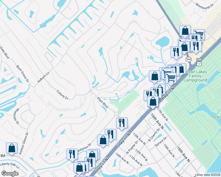 map of restaurants, bars, coffee shops, grocery stores, and more near 600 Deer Creek Road in Surfside Beach